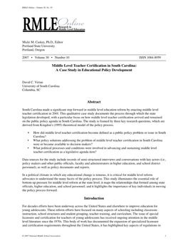 Middle Level Teacher Certification in South Carolina: a Case Study in Educational Policy Development