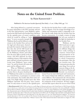 Notes on the United Front Problem. by Haim Kantorovitch †