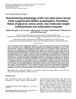 Overwintering Physiology of the Rice Stem Borer Larvae, Chilo Suppressalis Walker