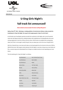 U-Sing Girls Night's Full Track List Announced!