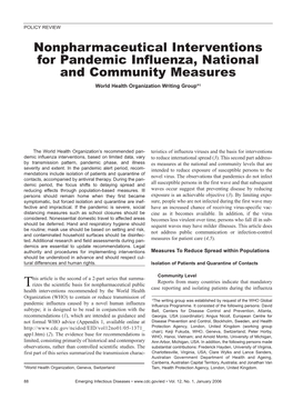 Nonpharmaceutical Interventions for Pandemic Influenza, National and Community Measures World Health Organization Writing Group*1