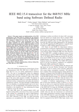IEEE 802.15.4 Transceiver for the 868/915 Mhz Band Using Software Deﬁned Radio
