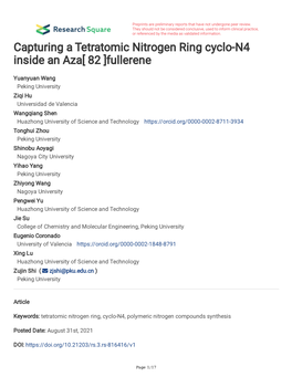 Capturing a Tetratomic Nitrogen Ring Cyclo-N4 Inside an Aza[ 82 ]Fullerene