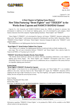 New Titles Featuring “Street Fighter” and “TEKKEN” in the Works from Capcom and NAMCO BANDAI Games!