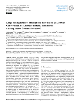 Large Mixing Ratios of Atmospheric Nitrous Acid (HONO) at Concordia (East Antarctic Plateau) in Summer: a Strong Source from Surface Snow?