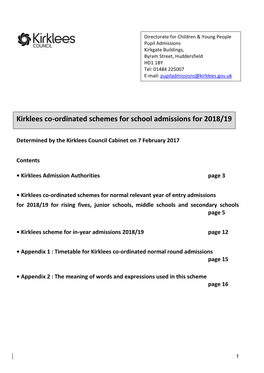 Kirklees Co-Ordinated Schemes for School Admissions for 2018/19