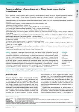 AR TICLE Recommendations of Generic Names in Diaporthales