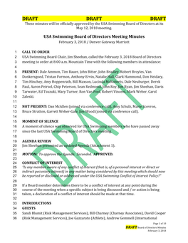 DRAFT DRAFT DRAFT These Minutes Will Be Officially Approved by the USA Swimming Board of Directors at Its May 12, 2018 Meeting