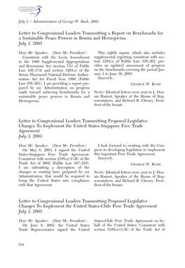 Letter to Congressional Leaders Transmitting a Report on Benchmarks for a Sustainable Peace Process in Bosnia and Herzegovina July 3, 2003