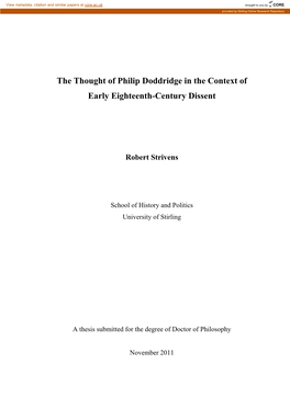 The Thought of Philip Doddridge in the Context of Early Eighteenth-Century Dissent