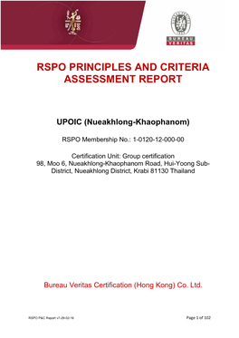 Rspo Principles and Criteria Assessment Report