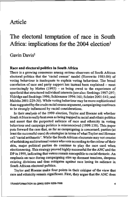 Article the Electoral Temptation of Race in South Africa