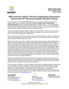 HBO to Receive Global Television Outstanding Achievement Award at the 25Th Anniversary Banff Television Festival