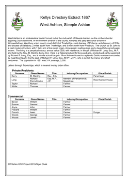 Kellys Directory Extract 1867 West Ashton, Steeple Ashton