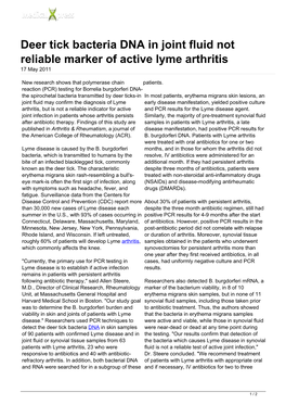 Deer Tick Bacteria DNA in Joint Fluid Not Reliable Marker of Active Lyme Arthritis 17 May 2011