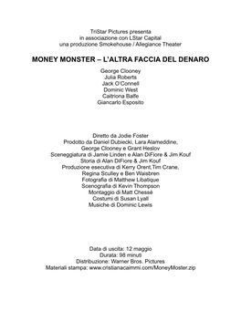 MONEY MONSTER – L’ALTRA FACCIA DEL DENARO George Clooney Julia Roberts Jack O’Connell Dominic West Caitriona Balfe Giancarlo Esposito