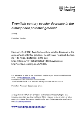 Twentieth Century Secular Decrease in the Atmospheric Potential Gradient