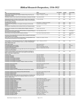 Biblical Research Perspectives, 1516-1922