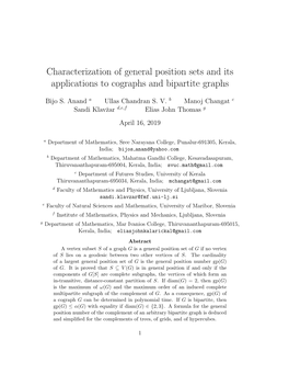 Characterization of General Position Sets and Its Applications to Cographs and Bipartite Graphs