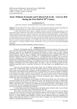 Socio- Political, Economic and Cultural Life in the Cauvery Belt During the First Half of 18Th Century