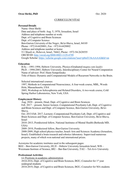 Oren Shriki, Phd Oct. 2020 CURRICULUM VITAE Personal Details Name