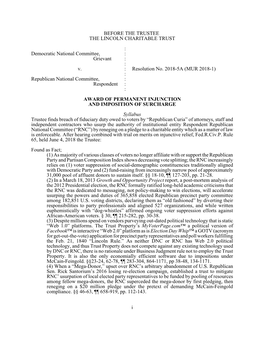 BEFORE the TRUSTEE the LINCOLN CHARITABLE TRUST : Democratic National Committee, : Grievant : : V. : Resolution No. 2018-5A (MUR