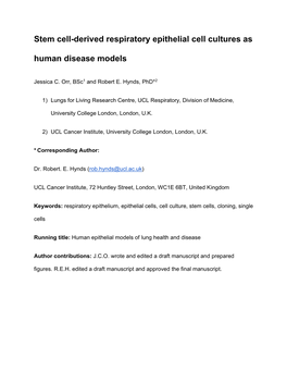 Stem Cell-Derived Respiratory Epithelial Cell Cultures As Human Disease Models