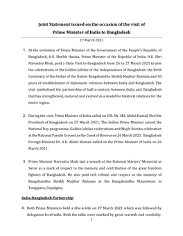 Joint Statement Issued on the Occasion of the Visit of Prime Minister of India to Bangladesh 27 March 2021