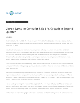 Clorox Earns 40 Cents for 82% EPS Growth in Second Quarter
