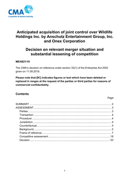 Anticipated Acquisition of Joint Control Over Wildlife Holdings Inc. by Anschutz Entertainment Group, Inc