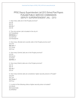 PPSC Deputy Superintendent Jail 2013 Solved Past Papers PUNJAB PUBLIC SERVICE COMMISSION DEPUTY SUPERINTENDENT JAIL – 2013 1