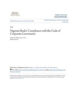 Nigerian Banks' Compliance with the Code of Corporate Governance Aderonke Alberta Tayo-Tiwo Walden University