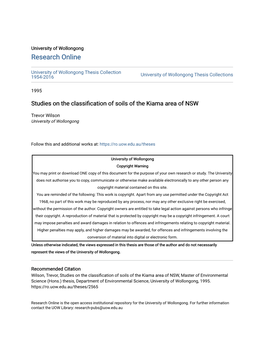 Studies on the Classification of Soils of the Kiama Area of NSW