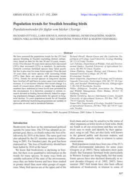 Population Trends for Swedish Breeding Birds Populationstrender För Fåglar Som Häckar I Sverige