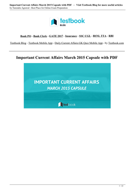 Important Current Affairs March 2015 Capsule with PDF - Visit Testbook Blog for More Useful Articles by Narendra Agrawal - Best Place for Online Exam Preparation