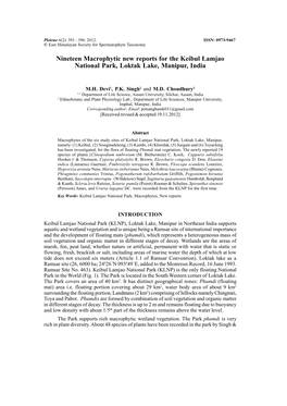 Nineteen Macrophytic New Reports for the Keibul Lamjao National Park, Loktak Lake, Manipur, India