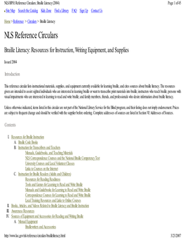 NLS Reference Circulars Braille Literacy: Resources for Instruction, Writing Equipment, and Supplies