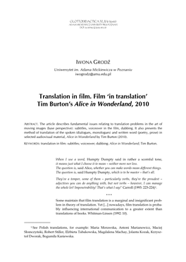 Translation in Film. Film ‘In Translation’ Tim Burton’S Alice in Wonderland, 2010