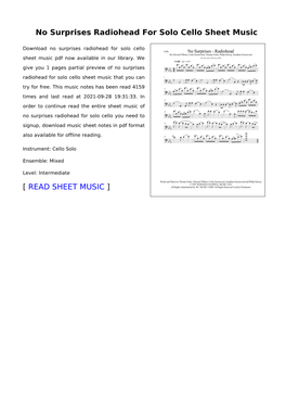 No Surprises Radiohead for Solo Cello Sheet Music