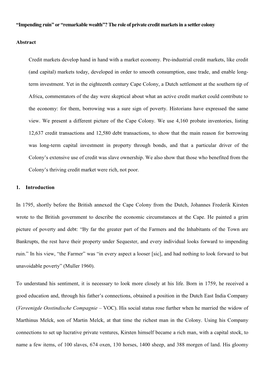 “Impending Ruin” Or “Remarkable Wealth”? the Role of Private Credit Markets in a Settler Colony