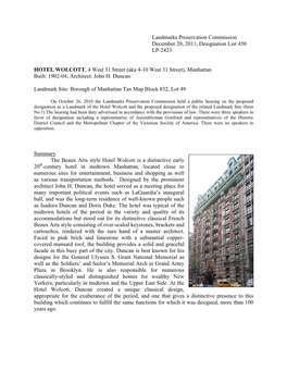 HOTEL WOLCOTT, 4 West 31 Street (Aka 4-10 West 31 Street), Manhattan Built: 1902-04; Architect: John H