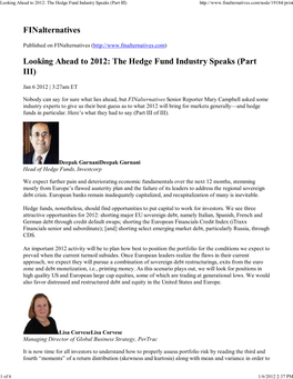 Looking Ahead to 2012: the Hedge Fund Industry Speaks (Part III)