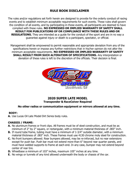 Rule Book Disclaimer 2020 Super Late Model