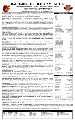 BALTIMORE ORIOLES GAME NOTES Oriole Park at Camden Yards  333 West Camden Street  Baltimore, MD 21201