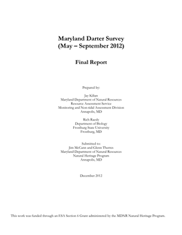 Maryland Darter Survey (May – September 2012)