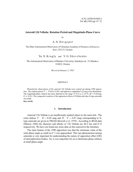 Asteroid 126 Velleda: Rotation Period and Magnitude-Phase Curve