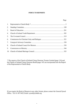 1 INDEX to REPORTS Page 1. Representative Church Body