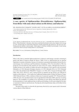 Parasitiformes: Opilioacarida) from Belize with Some Observations on Life History and Behavior