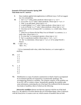 Semantics II/Formal Semantics Spring 2009 Take-Home Test #1: Answers