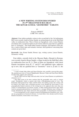 A New Writing System Discovered in 3Rd Millennium Bce Iran: the Konar Sandal ‘Geometric’ Tablets